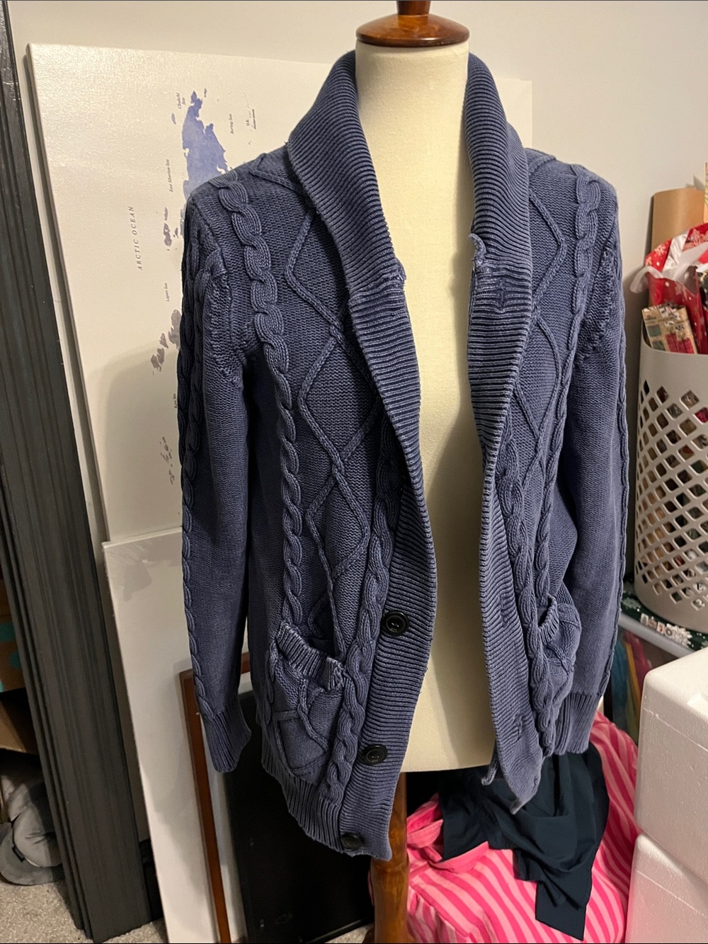 Weatherproof Navy Shawl-Collar Cable Knit Cardigan